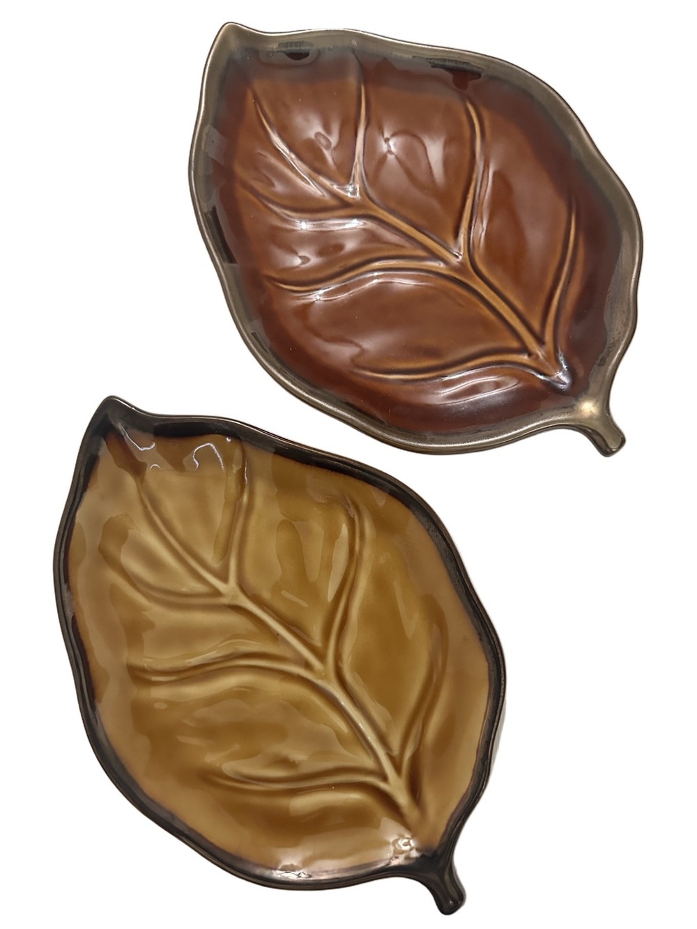 Bella Casa by Ganz 10" X 7 ” Leaf Shaped DECORATIVE CERAMIC PLATES Brown Tan